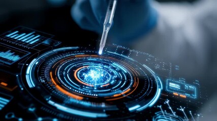 Gloved hand using a pipette dropping liquid on a futuristic digital display with glowing circles and data, representing innovation in science and technology