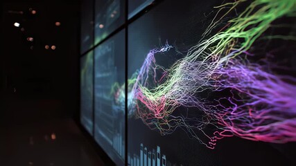 Wall Mural - large screen displaying colorful data streams, visualizing complex information flow, suggesting inno