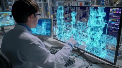Wall Mural - industrial engineer wearing lab coat and protective glasses working with virtual reality 3d model of