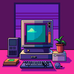 Retro pixel art computer setup with a potted plant and a cloudy screen display