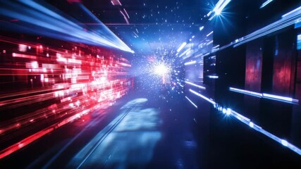 Abstract tunnel with neon light trails, futuristic technology concept animation, immersive