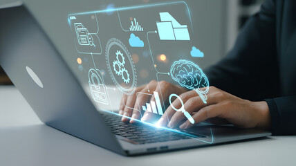 artificial intelligence and data analysis concept with hexagonal technology icons on laptop screen,a