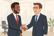 © James - Two diverse businessmen shaking hands in an office. Business concept of a successful partnership, agreement, deal, and teamwork. Greeting or welcome gesture. Vector illustration.