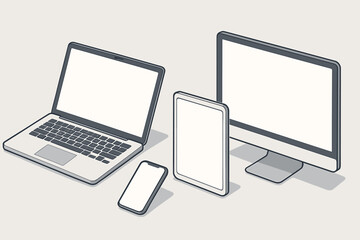 Wall Mural - isometric devices vector mockup set. laptop, computer monitor, tablet and mobile phone illustration.