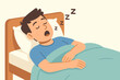 © James - Man sleeping soundly in bed and snoring. Vector illustration of a tired person resting in the bedroom. Concepts of deep sleep, dreaming, relaxation, fatigue, health, rest.