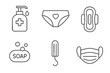 © Jonas - Personal and feminine hygiene line icons set. Vector symbols of soap, hand sanitizer, tampon, sanitary pad, panties, and face mask. Health, care, and protection concepts.