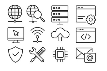 Internet and computer technology line icon set. Web development, network, server, cloud computing, programming, security, hardware and software thin linear vector icons.