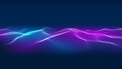 Wall Mural - 3d big data wave, abstract technology visualization background. blue and purple particle waves. vect