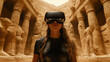 © ArtFocus Studio - Woman with VR headset exploring ancient temple ruins. An immersive experience of exploration and history. Future technology, virtual tourism, archaeological site.