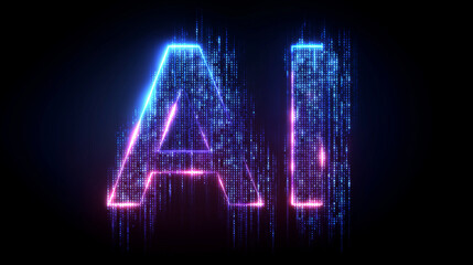 Wall Mural - futuristic ai wordmark in blue violet code rain on midnight background