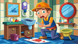 © Iryna - Cartoon plumber in hard hat shocked by leaking pipe under sink in messy colorful bathroom with tools and water on the floor