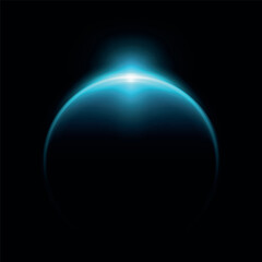 neon blue glowing earth horizon with sunrise. isolated black background.