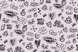 © Kseniia Koval - Seamless doodle pattern with kawaii cat and bear faces, hand drawn gaming controllers, hearts, crowns, stars, and words like Oops, Girl PWR, Have a Good Time. Teen girl sketch style, light background