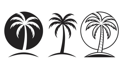 Three stylized palm tree illustrations in black and white