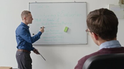 Wall Mural - Medium full shot of male team lead writing on whiteboard presenting weekly work plan to colleagues in conference room at office
