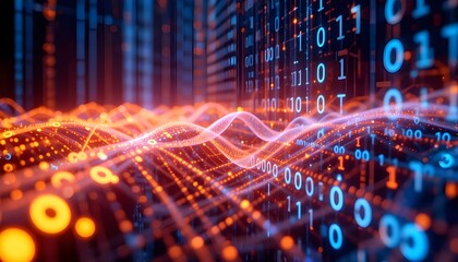 Futuristic binary data flow waves in orange and blue, ideal for IT themes.Abstract binary code background data stream digital technology network security cyber space concept