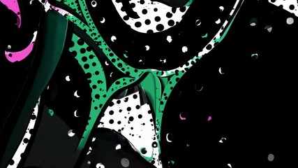 Wall Mural - Abstract video still with vibrant green and yellow shapes, splattered with black dots. Close-up angle enhances the fluid, dynamic style.