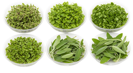 Freshly harvested herbs displayed in white bowls, showcasing vibrant greens, ideal for culinary use and food photography