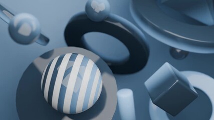 Abstract 3D Striped sphere among blue abstract shapes. Abstract video loop - seamless 3D motion animation background for creative video.