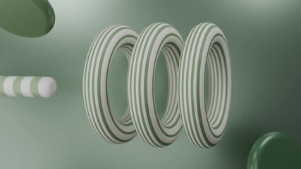 Abstract 3D Three striped green rings and a cylinder float on a green background. Abstract video loop - seamless 3D motion animation background for creative video.