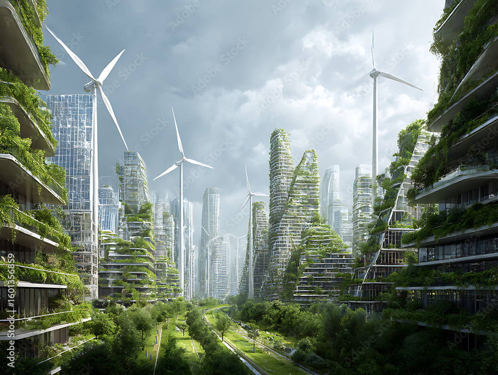 Futuristic green city with vertical gardens and wind turbines Stock ...