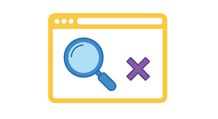 Website error page with magnifying glass and cross symbol in flat design