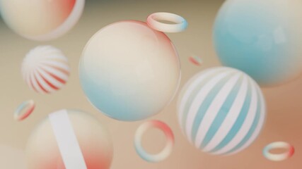 Abstract 3D Pastel spheres and rings float in a 3d render. Abstract video loop - seamless 3D motion animation background for creative video.