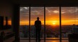 © Anastasiya - Man standing by window during sunset in modern city apartment, concept of copy space