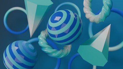 Abstract 3D Abstract teal and blue 3d shapes. Gradient abstract 3D seamless loop - motion background for creative video project.