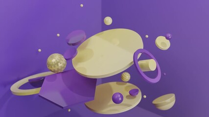 Abstract 3D Floating purple and yellow geometric shapes are in this 3d render. Gradient abstract 3D seamless loop - motion background for creative video project.