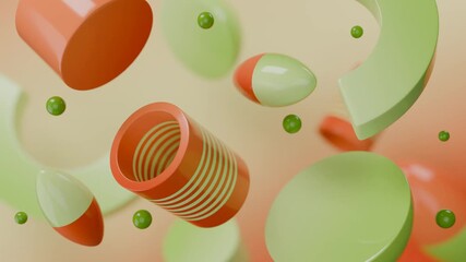 Abstract 3D Floating orange and green 3d shapes. Gradient abstract 3D seamless loop - motion background for creative video project.