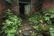 © Роман Булатов - Overgrown Doorway with Vegetation and Moss Covered Stones Leading to Darkness