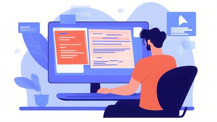 Concentrated developer working on code at his computer desk in modern office space