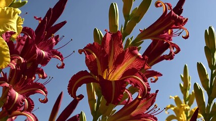 Wall Mural - Bright gladiolus flowers bloom vividly under clear blue sky shot close up to showcase their radiant colors textures ideal 4K nature videos seasonal floral