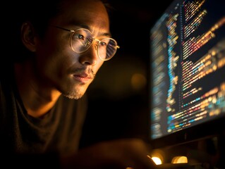 an asian programmer wea glasses intensely concentrates on complex code displayed on a computer scree