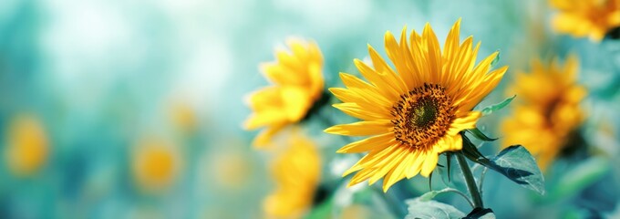 a group of sunflowers in full bloom, with bright yellow petals and green leaves against the backgrou