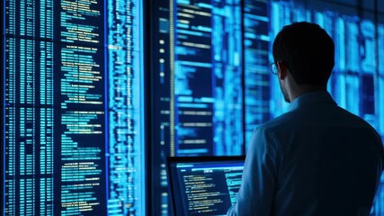 A software engineer coding in a server room, blue light illuminating the programmer creating