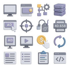 Business flat icon set: computer, browser, flowchart, server, target, finance, sync, clipboard, code