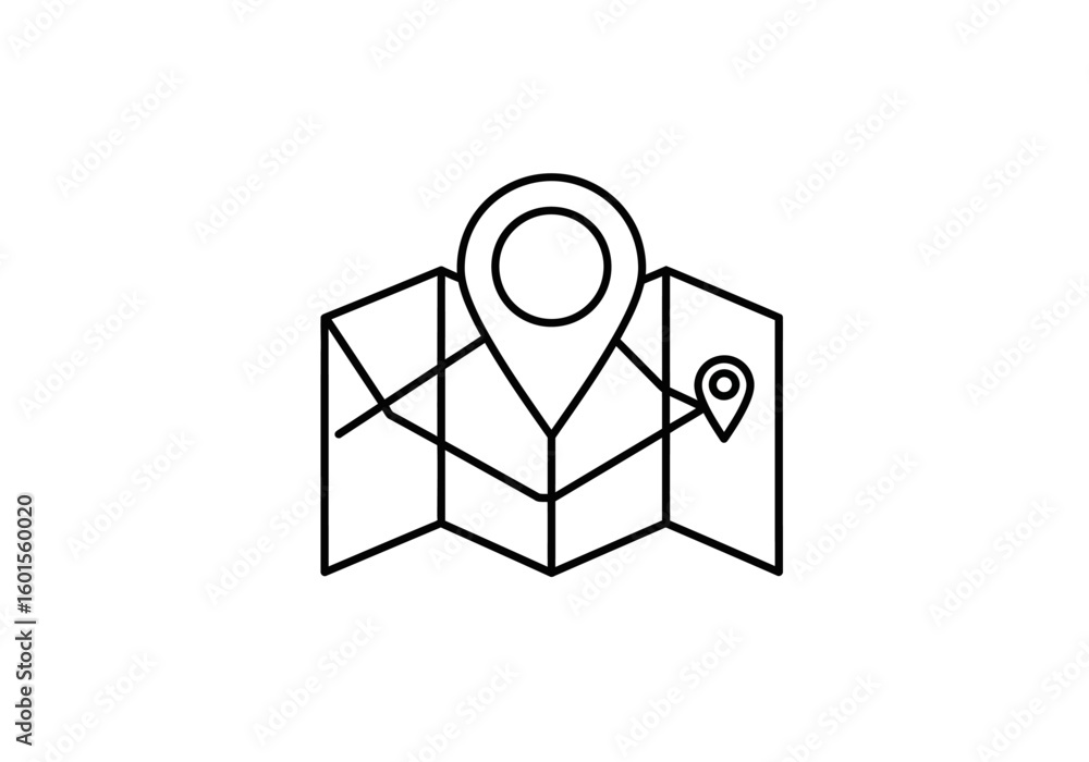 Folded Map with Location Pins, Black Outline, Navigation Icon Stock ...