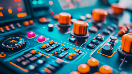 Abstract glowing control panel with intricate interface of orange dials and vibrant buttons for advanced technology operation.
