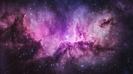Wall Mural - A vibrant purple and pink nebula with stars scattered across deep space, showcasing cosmic clouds and celestial formations.