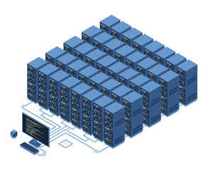Wall Mural - isometric monitoring big data storage. data transmission technology. online hosting technology conce