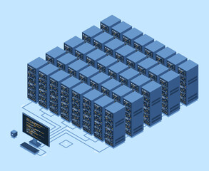 Wall Mural - isometric monitoring big data storage. data transmission technology. online hosting technology conce