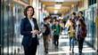 © Daniel L - Smiling school principal or teacher standing in hallway. Elementary school. First day of school. Young students in the background going to classes. Female eductor.