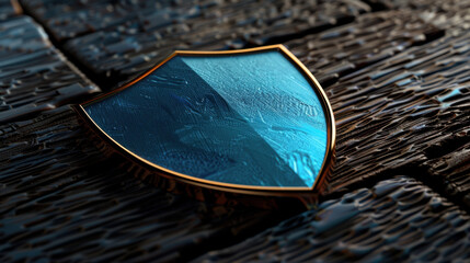 Wall Mural - digital shield with glossy blue surface rests on textured wooden background, symbolizing protection 