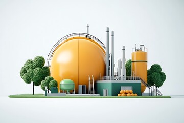 Conceptual eco-friendly energy plant illustration with biogas storage and green infrastructure