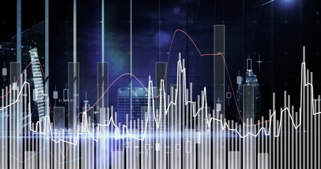 Wall Mural - Showing financial charts over night skyline, with candlesticks and vertical bars plus line graphs