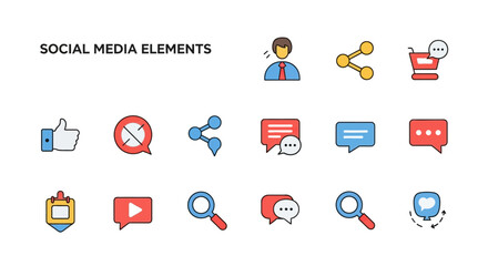 A collection of colorful flat line icons representing social media elements and user interface symbols for web and mobile applications.