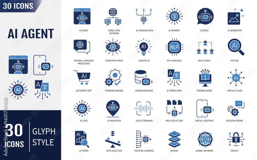 Artificial Intelligence Agent Icons set. Containing chatbot, generator ...
