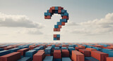 Cargo Container Question Mark Above Red and Blue Shipping Containers Under Cloudy Sky in Logistics and Global Trade